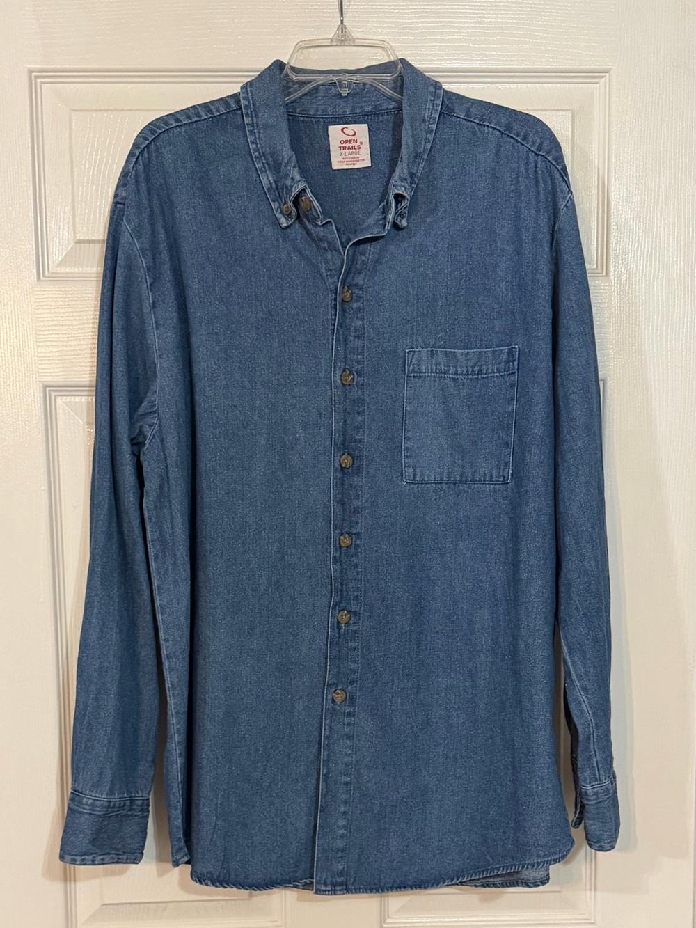 Open Trails Denim Shirt Mens XLarge Blue Casual long Sleeve Cotton Basic Utility
